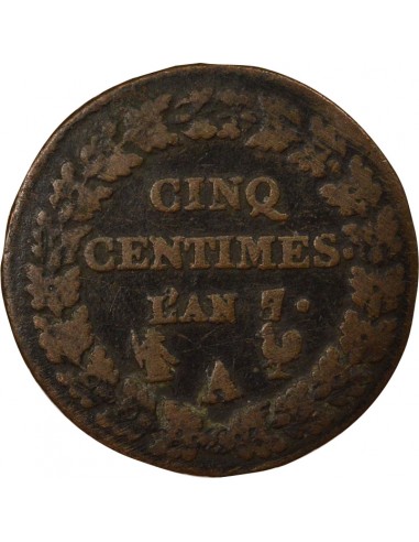 Dupré Grand Module 5 Centimes Cuivre An 7/5 A Paris
