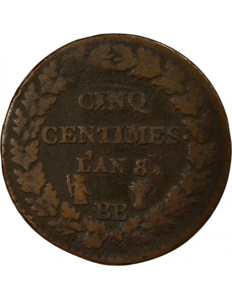 Dupré Grand Module 5 Centimes Cuivre An 8 BB Strasbourg