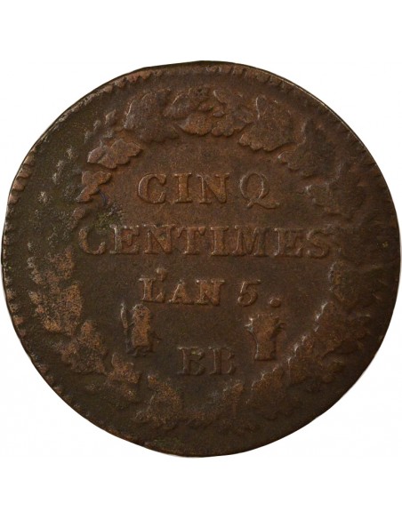 Dupré Grand Module 5 Centimes Cuivre An 5 BB Strasbourg
