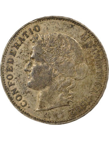 Suisse Tête d'Helvetia 5 francs Argent 1892 Berne