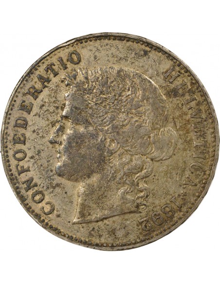 Suisse Tête d'Helvetia 5 francs Argent 1892 Berne