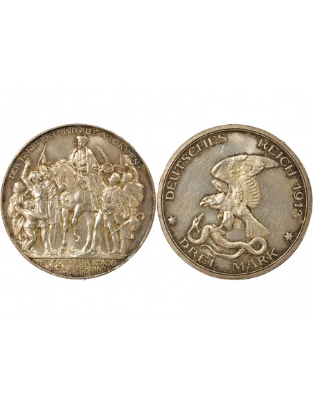 Etats Allemands (Prusse) Guillaume II de Prusse Déclaration de Guerre 3 mark Argent 1913 A Berlin