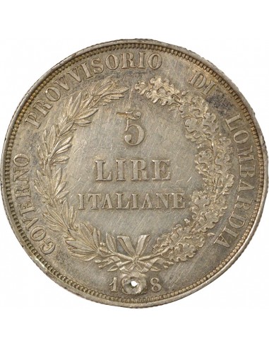 Royaume de Lombardie Gouvernement Provisoire 5 lire Argent 1848 M Milan