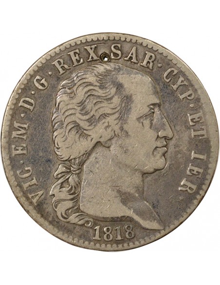 Sardaigne Victor-Emmanuel Ier de Savoie 5 lire Argent 1818 T Turin