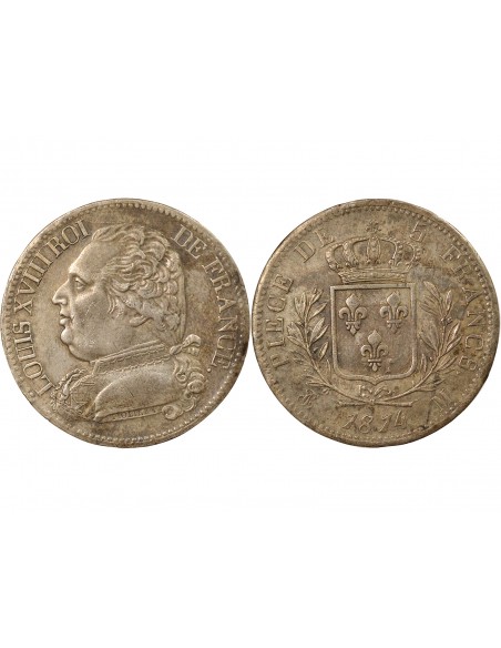 Louis XVIII Buste Habillé 5 Francs Argent 1814 M Toulouse