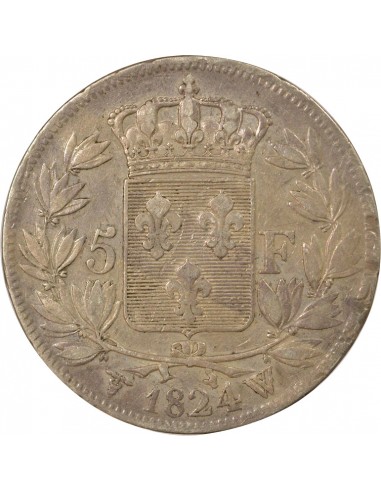 Louis XVIII Tête nue 5 Francs Argent 1824 W Lille