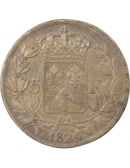 Louis XVIII Tête nue 5 Francs Argent 1824 W Lille