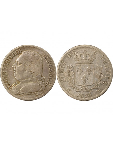 Louis XVIII Buste Habillé 5 Francs Argent 1814 M Toulouse