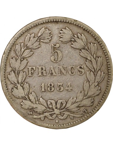 Tranche en relief 5 Francs Argent 1834 T Nantes