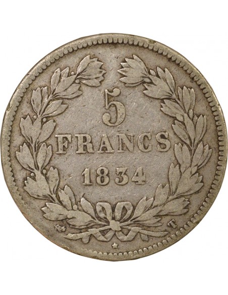Tranche en relief 5 Francs Argent 1834 T Nantes