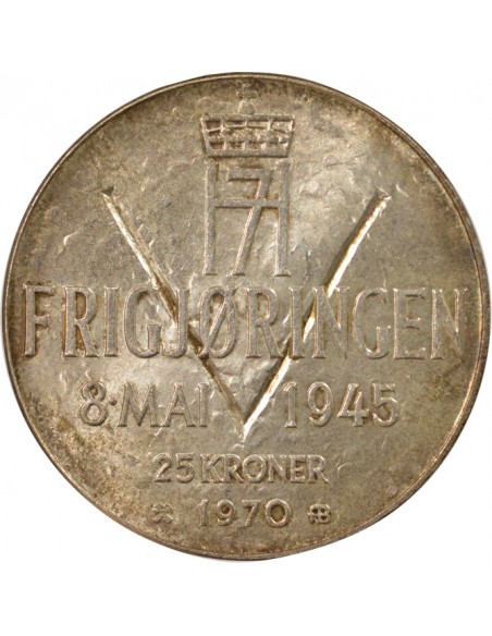 Norvège Olav V Anniversaire de la Libération 25 kroner Argent 1970 Kongsberg