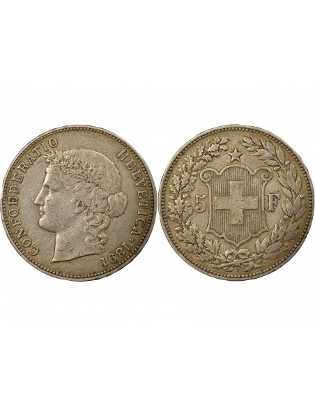 Suisse Tête d'Helvetia 5 francs Argent 1891 Berne