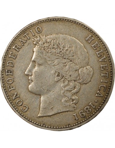 Suisse Tête d'Helvetia 5 francs Argent 1891 Berne
