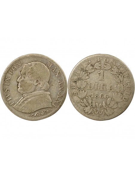 Vatican Pie IX 1 lira Argent 1866 R Rome