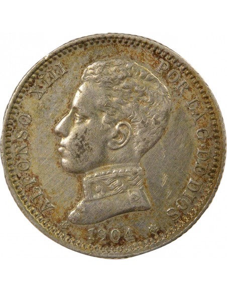 Espagne Alphonse XII d'Espagne 4e Portrait 1 peseta Argent 1904 AI Madrid
