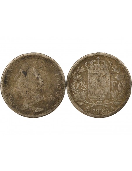 Louis XVIII Tête nue 1/2 franc Argent 1822 A - Paris