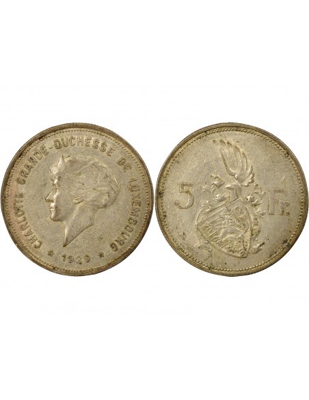 Luxembourg Charlotte 5 francs Argent 1929 F Stuttgart