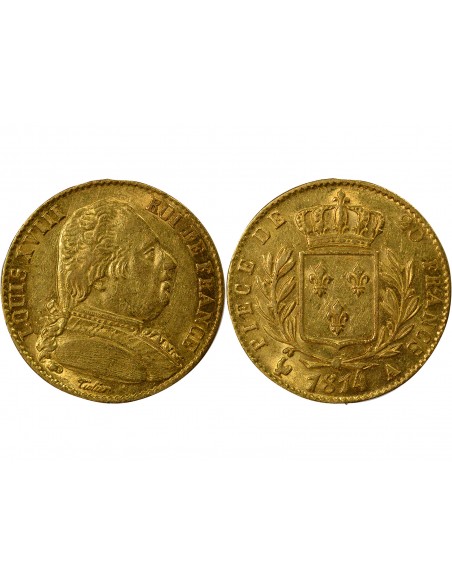 Louis XVIII Buste Habillé 20 Francs Or 1814 A Paris
