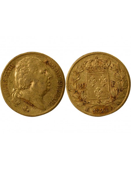 Louis XVIII Tête nue 20 Francs Or 1824 T Nantes