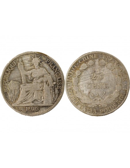 Indo-Chine Fr. 20 Centièmes Argent 1916 A - Paris