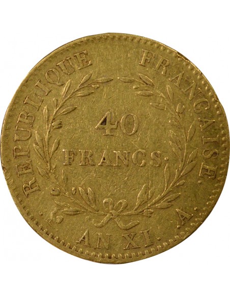 Roi d'Italie Sans Olive 40 Francs Or AN XI A Paris
