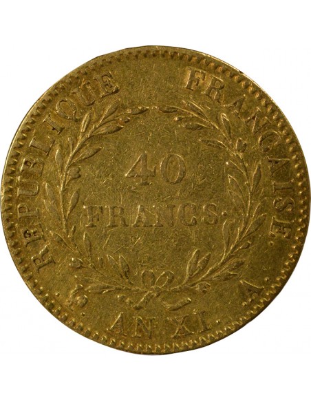 Roi d'Italie Sans Olive 40 Francs Or AN XI A Paris