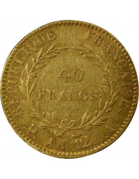 Roi d'Italie Grènetis espacé 40 Francs Or AN 12 A Paris