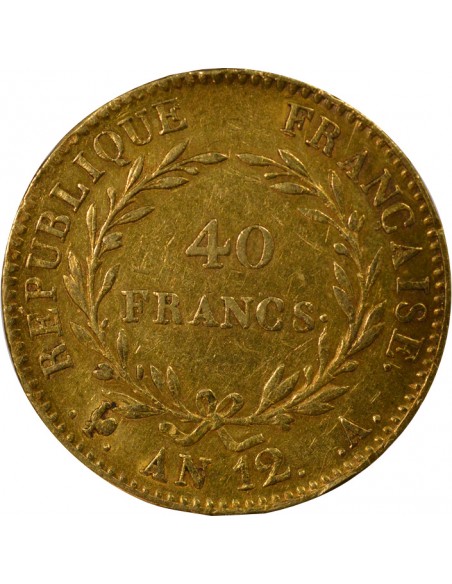 Roi d'Italie Grènetis espacé 40 Francs Or AN 12 A Paris