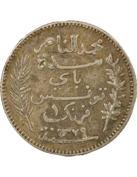 Tunisie Naceur Bey Protectorat Français 1 franc Argent 1329 AH (1911) A Paris