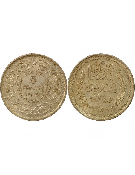 Tunisie Ahmed II Bey Protectorat Français 5 francs Argent 1358 AH (1939) A Paris