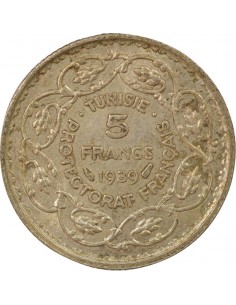 Tunisie Ahmed II Bey Protectorat Français 5 francs Argent 1358 AH (1939) A Paris 2
