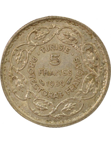 Tunisie Ahmed II Bey Protectorat Français 5 francs Argent 1358 AH (1939) A Paris