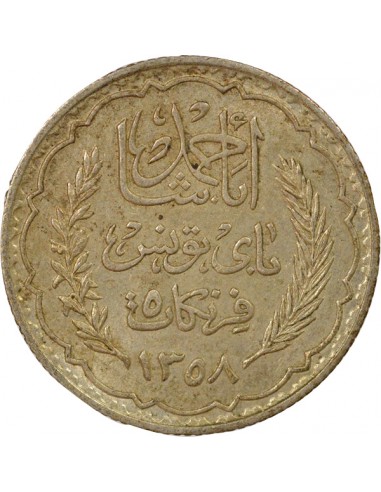 Tunisie Ahmed II Bey Protectorat Français 5 francs Argent 1358 AH (1939) A Paris