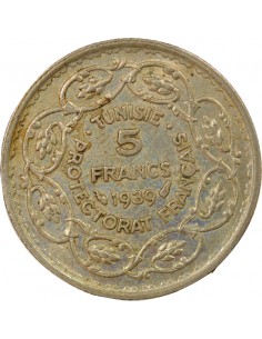 Tunisie Ahmed II Bey Protectorat Français 5 francs Argent 1358 AH (1939) A Paris 2