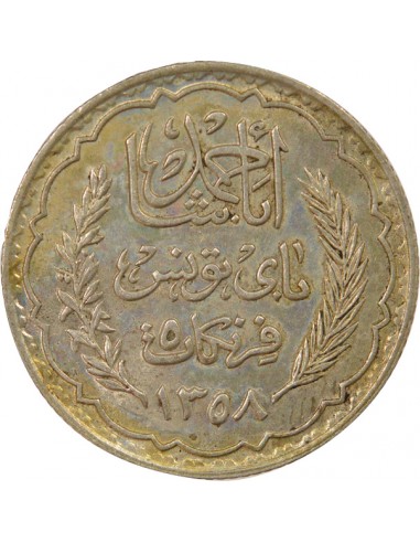 Tunisie Ahmed II Bey Protectorat Français 5 francs Argent 1358 AH (1939) A Paris