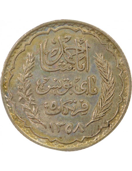 Tunisie Ahmed II Bey Protectorat Français 5 francs Argent 1358 AH (1939) A Paris