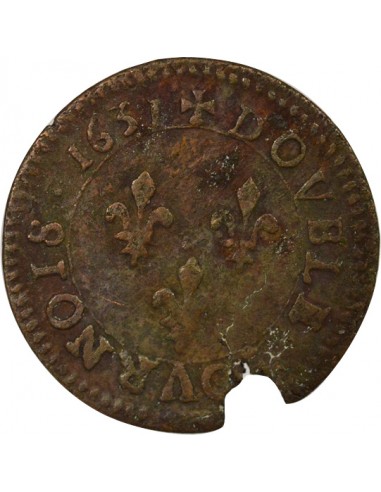 Louis XIII Type 1 1 double tournois Cuivre 1631 H La Rochelle