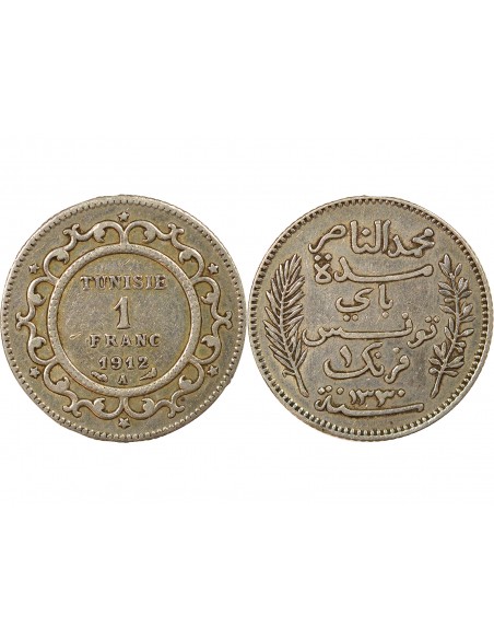 Tunisie Naceur Bey Protectorat Français 1 franc Argent 1330 AH (1912) A Paris