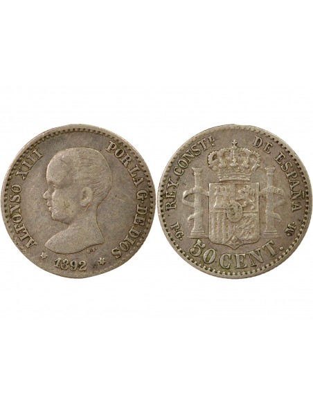 Espagne Alphonse XIII d'Espagne 1e Portrait 50 centimos Argent 1892 AI Madrid