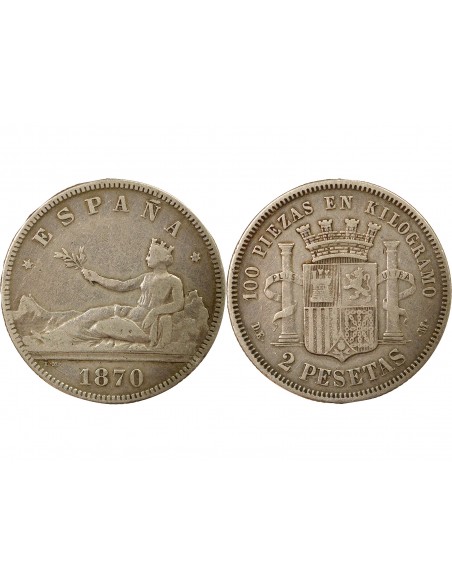 Espagne Gouvernement Provisoire 2 pesetas Argent 1874 AI Madrid