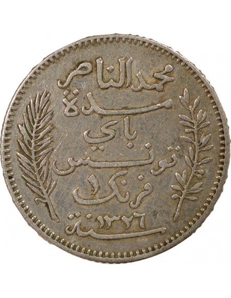 Tunisie Naceur Bey Protectorat Français 1 franc Argent 1326 AH (1908) A Paris