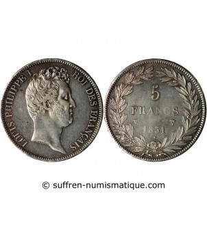 LOUIS PHILIPPE﻿ - 5 FRANCS ARGENT 1831 W LILLE  "Type Tiolier - Tr creux"