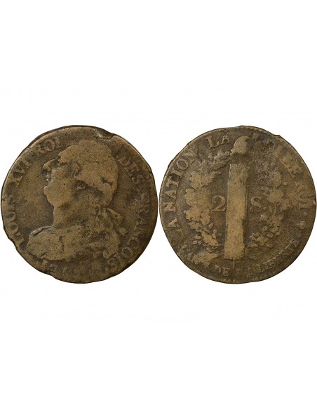 Louis XVI Au Faisceau 2 sols Cuivre 1791-1793