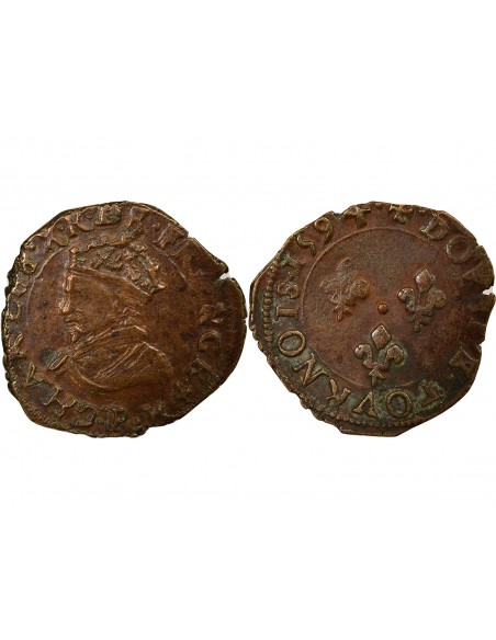 Charles X Cardinal de Bourbon Au nom de Charles X 1 double tournois Cuivre 1594 P Dijon