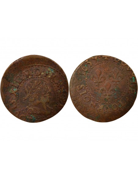 Louis XIII Type 16 1 double tournois Cuivre 1639 H La Rochelle