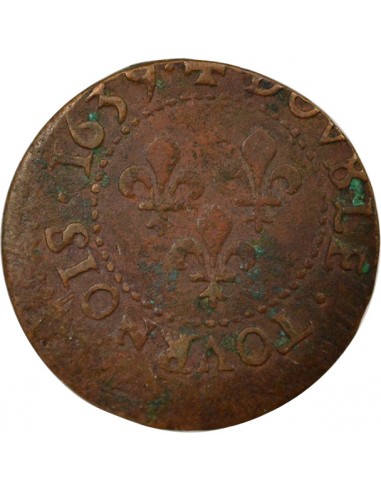 Louis XIII Type 16 1 double tournois Cuivre 1639 H La Rochelle