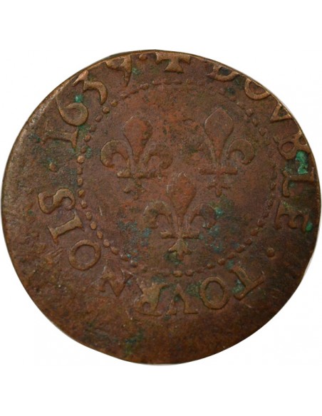 Louis XIII Type 16 1 double tournois Cuivre 1639 H La Rochelle