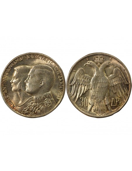 Grèce Constantin II de Grèce Mariage Royal 30 drachmai Argent 1964 Kongsberg