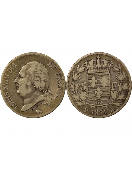 Louis XVIII Tête nue 5 francs Argent 1821 A - Paris