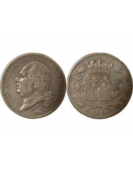 Louis XVIII Tête nue 5 francs Argent 1819 B Rouen